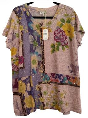 NWT Etro Pink Floral Patchwork Short-Sleeve Knit Top Size IT-48